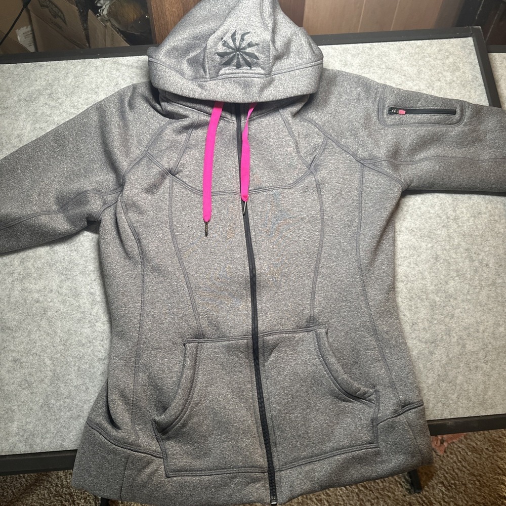 Athleta Define hooded athletic jacket in grey with Hot pink drawstrings.
